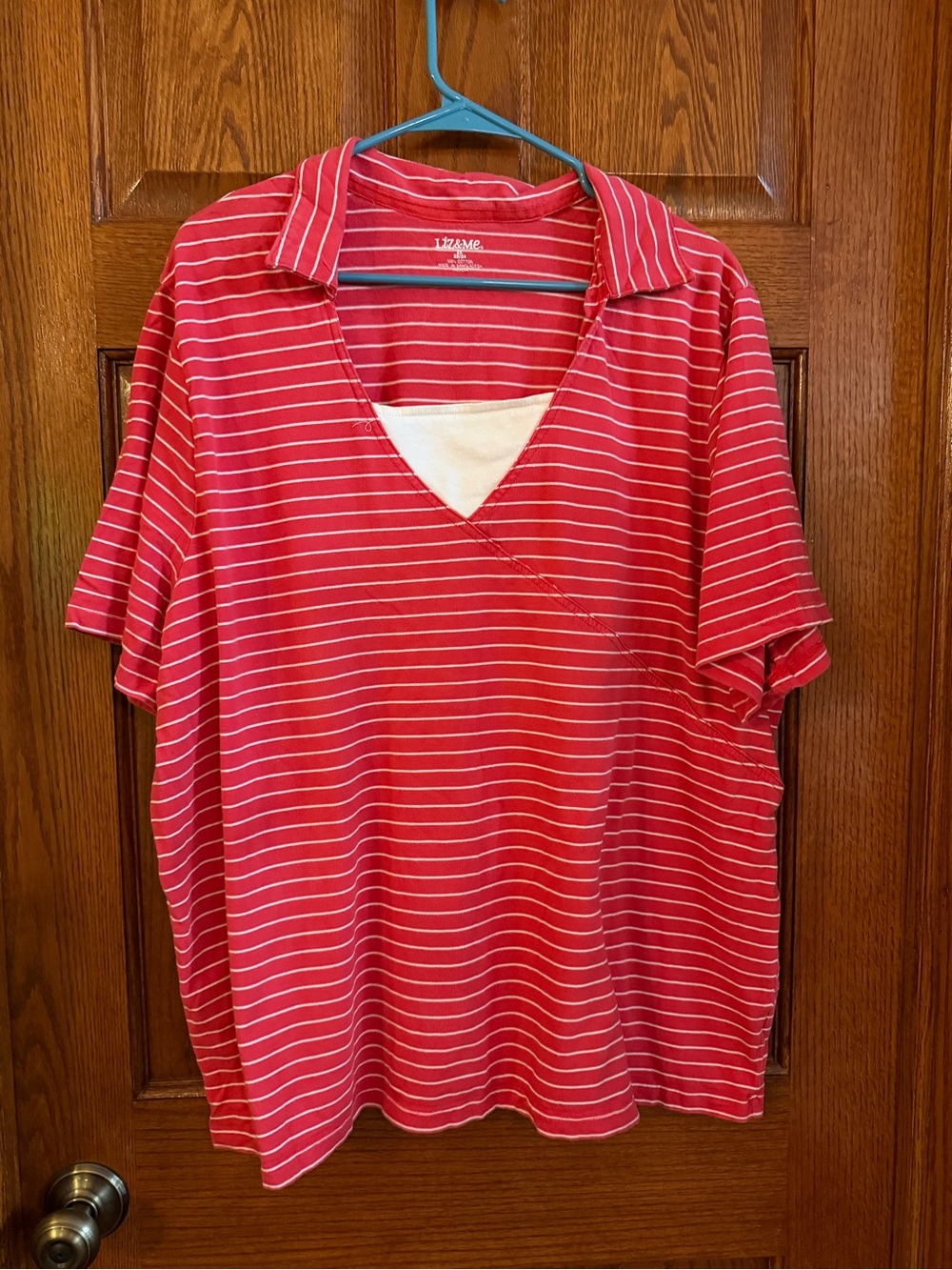 Liz & Me 2X (22/24) Coral & White Striped Pullover Short Sleeve Top